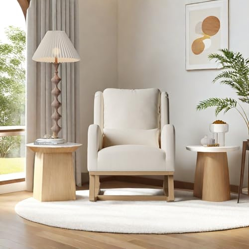 MIOSUT - Sillón Mecedora para Lactancia con Apoyabrazos, Patas de Madera Maciza, Lino, para Sala de Estar, Dormitorio, Balcón (Lin Beige, 93 x 68 x 96)