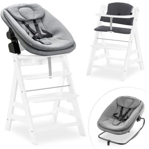 hauck Hochstuhl Alpha+ Newborn Set 3in1 Highchair Bouncer - mitwachsender Holz Babyhochstuhl ab Geburt, inkl. Neugeborenenaufsatz & Sitzpolster - Weiß