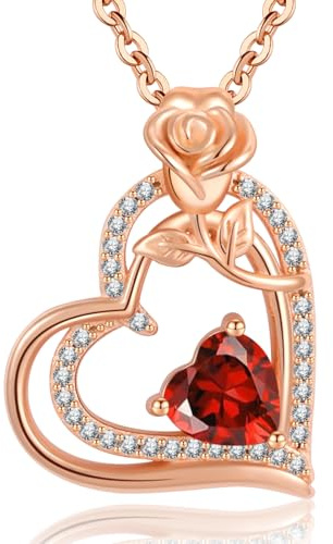 Tusuzik Cadeau Fete Des Meres Collier Femme Argent 925 Collier or Rose Coeur Fleur Mars Pierre de Naissance Pendentif Bijoux Femme Idee Cadeau Anniversaire Fete des Meres Cadeau Maman Copine Amie