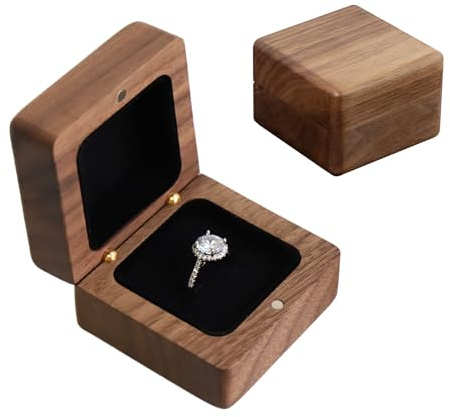 muso wood Vintage Solid Wood Ring Box - Hand-Polished Engagement Ring Holder Box for Proposal, Wedding Jewelry Organizer | Romantic Gift for Couples, Brides & Grooms (Walnut-1pcs)