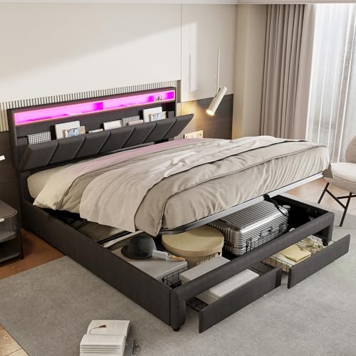 BHFFTHK Estructura de cama tapizada de matrimonio 180x200, Cama hidráulica de 180x200 con espacio de almacenamiento, Parte superior LED desmontable, Estructura de cama tipo boxspring con somier, color