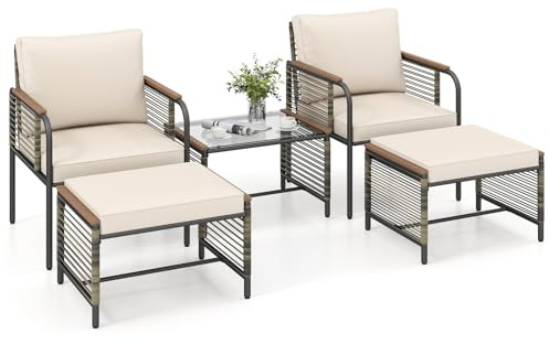 COSTWAY Conjunto de Conversación de Exterior de 5 Piezas con Cojines, Sillas de Ratán para Patio con 2 Otomanas y Mesa de Café de Vidrio Templado, Juego de Muebles de Balcón Terraza Jardín (Beige)