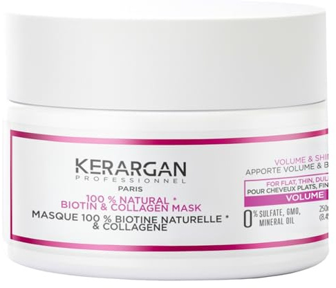 Kerargan - Maschera Volumizzante alla Biotina & Collagene - Per Capelli Piatte, Fini, Spenti - Volume e Lucentezza Intensificati - Senza Solfati, OGM, Olio Minerale - 250ml