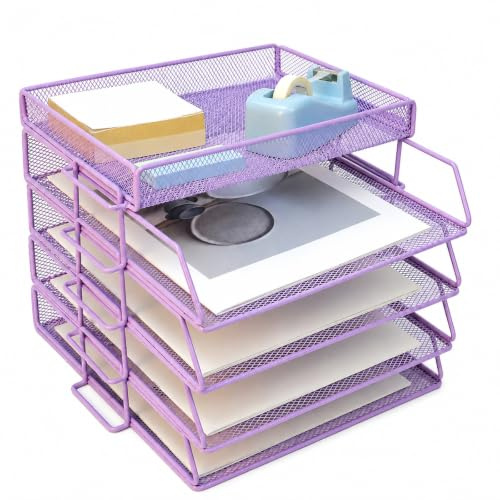 ideallife Letter Trays Stackable with Top Stationery Holder, 4-Tier Metal Desk Organizer Tray, Paper Filing Tray for Office Supplies - Purple