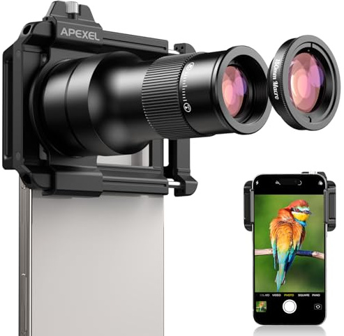 APEXEL Teleobiettivo HD 6X con Messa a fuoco Fissa e Clip Universale Migliorata, Obiettivo macro da 150 mm,Rivestimento FMC, Adatta per iPhone 17/16/15..., Samsung, Pixel e Altri Smartphone,Nero