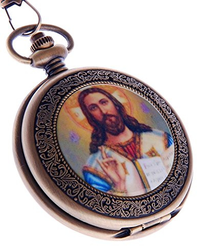ShoppeWatch Jesus Christ Pocket Watch Quartz with Chain Full Hunter Bronze Case Arabic Numerals PW-49