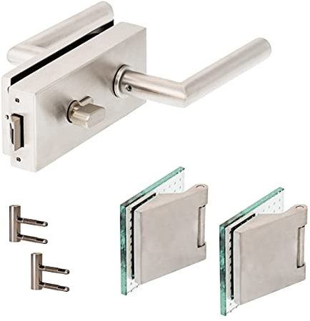 Glastürbeschlag Q WC PZ Edelstahl Bänder Glastürschloss Glastürbeschläge Bad + 3tlg. Bänder (auswärts öffnend)