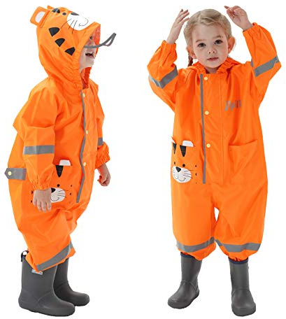 Baogaier Combinaison de Pluie Enfant Imperméable à Capuche Fille Garçon Poncho Manteau Cape Pluie 3D Dessin Animé Mignon Respirant Léger Bande Rétro-Réfléchissante Imprimé Tigre Orange Unisexe 4-6 Ans