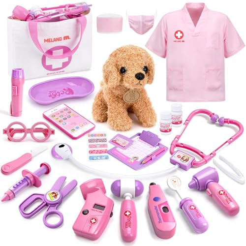 MELAND Doctors Set for Kids, Toddler Pet Vet Set with Doctor Costume, Dog Doll, Doctor Pretend Role Play Toys for 3 4 5 6 Year Old Girls Boys Birthday
