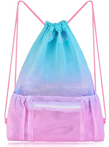 Mesh Drawstring Bag with Zipper Pocket, Beach Bag for Swimming Gear Backpack Gym Storage Bag for Adult Kids Pink Blue