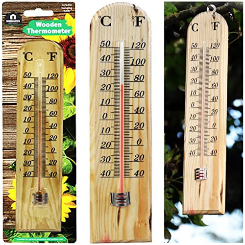 NTI 26cm Traditional Wooden Thermometer 10 inch Large Temperature Reading Hanging Outdoor Indoor Garden Greenhouse DIY C & F Scales Pet Safety Temperature Monitor UK FREE P&P