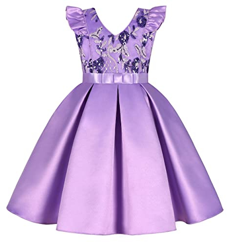 BUNNY LULU Filles Robe inclinée épaule Demoiselle d’honneur Mariage Princesse Arc des Enfants Bal d’Anniversaire soirée Spectacle al Ginocchio（Viola, 9-10 Anni）