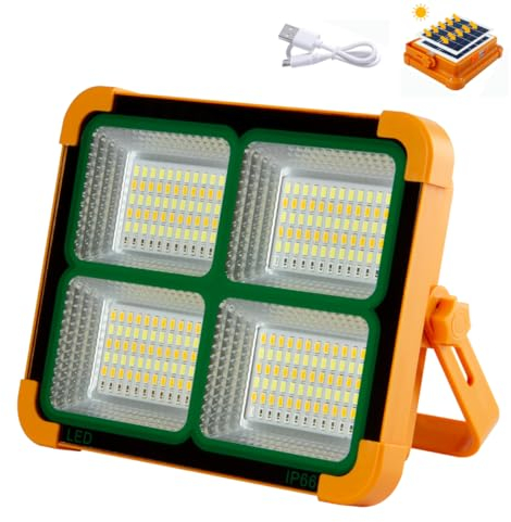 Jandei - Foco LED Recargable 100W, Portátil. 5 modos de Luz/336 LEDs. Con Imán y Soporte. Recargable USB/Solar, Power Bank para móviles. Perfecto para Caravanas, Pesca, Construcción, Camping, Obra