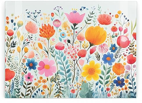 Planche à découper rectangulaire en verre peint à l'aquarelle - Grande planche à découper en verre - Protection de plan de travail - Planche lisse avec pieds antidérapants - 39 cm x 28,5 cm