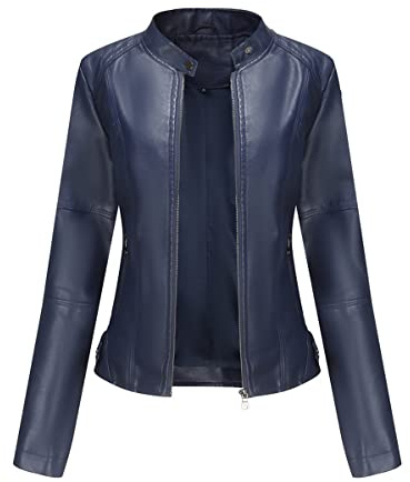 DISSA Veste biker femme en simili cuir Veste courte zip,Bleu foncé,40