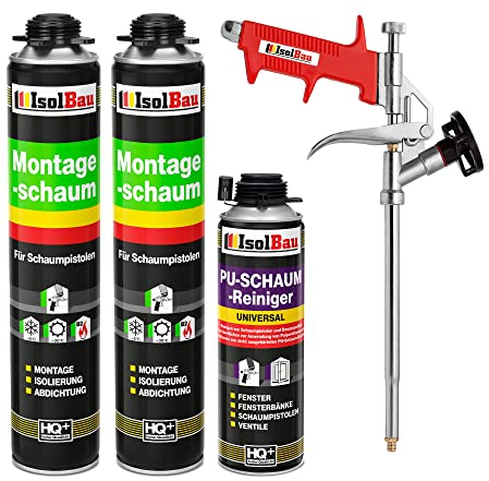 Isolbau Kit de mousse de construction – Comprend 2 x 1K mousse de montage B2 avec un excellent son et isolation thermique (750 ml chacune), 1 x nettoyant pour mousse PU (500 ml) et 1 x pistolet à