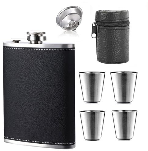 AMSNINK 304 Flachmann 220ml Mit Trichter Und 4 Kleine Tassen, Edelstahl, Mit Becher, Auslaufsicher Für Wandern Und Party