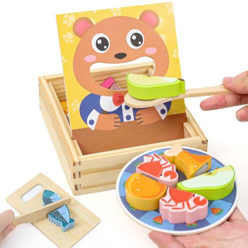 Wooden Play Food Toddler Toys for 2 3 Year Old, Food Toys Sets Kids Role Play Kitchen Accessories for Cutting and Feeding Fruit Pretend Play Gift for 2 Years Old Boys Girls (Feeding Toy)
