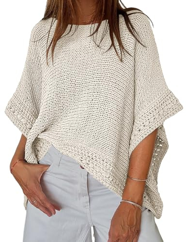 CHICME Women's Knit Tops 3/4 Batwing Sleeve Tops for Women Hollow-Out Pattern Edges Crochet Top Casual Women's Pullover Sweaters Apricot-XL