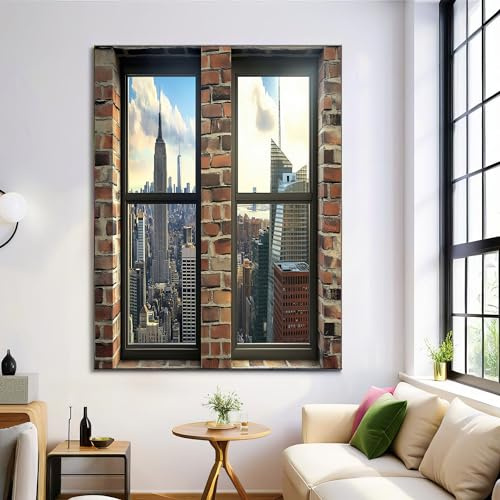 Arte Murale Città Skyline Verticale Camera da letto Finestra Finta 3D Vista Di New York City Quadri moderni soggiorno da Parete Stampa su tela Canvas Decorazione Murale muro Arredo Salone, 80×120 cm