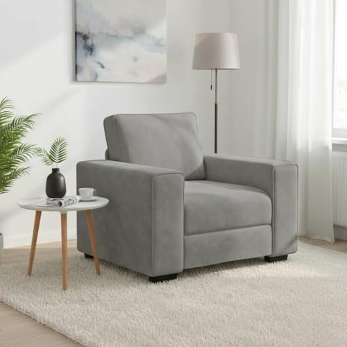 Ordellia Fåtölj ljusgrå 60 cm sammet, mysig relaxsoffa med träarmstöd för vardagsrum, sovrum och reception
