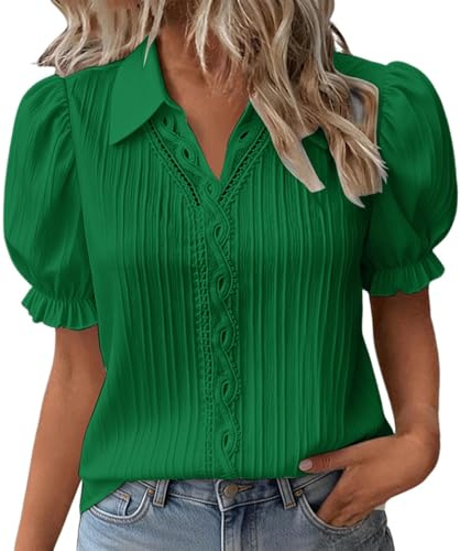 Top Elegante Donna Pizzo Camicia Colletto Rivoltato Manica a Palloncino Corta Blusa Estivo Elegante Simpatica Camicetta Tinta Unita Tunica Moda Curvy Maglietta Casual T Shirt