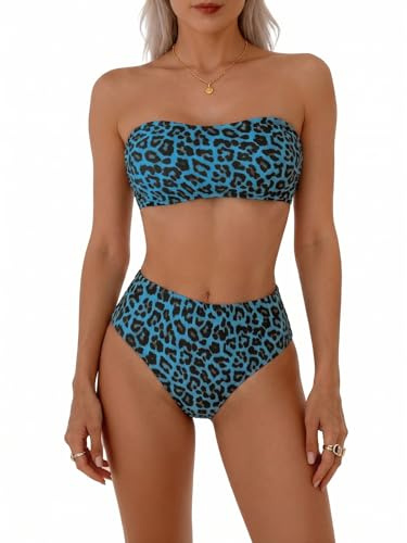 Women's Strapless Bandeau Bikini Set with High Waisted Bottoms, Leopard Print Two Piece Swimsuit, Tummy Control Swimwear for Beach Pool Holidays
