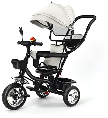 Tricycle Bébé Évolutif, Draisienne Évolutif pour Enfants avec Barre à Pousser, Velo Poussette Bebe, Velo Enfant avec Pare-Soleil (Gris)