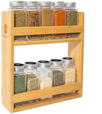 Morvat Bamboo Wooden Spice Jar Rack, 2-Tiered Seasoning Holder Organizer Set with 2 Shelves, Spice Storage Shelf for Kitchen Pantry & Cabinet, Counter or Wall Mount Option with Included Hardware