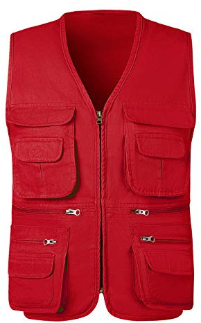 KTWOLEN Homme Gilet de Pêche en Coton Multi-Poches Gilet Sans Manches Veste Légère de Pêche Chasse Camping Gilet de Photographie, Rouge, L