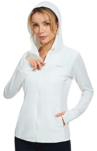 Libin Damen UPF 50+ Sonnenschutz Hoodie Full Zip Laufshirt Langarm Sun Shirt Sportshirt für Running Wandern Outdoor Surfen mit Taschen, Weiß M