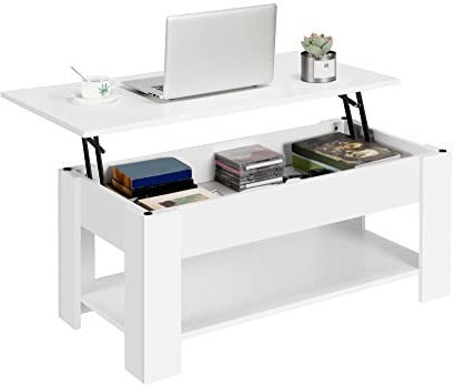 Yaheetech Lift Up Coffee Table, Wooden Lifting Coffee Table with Hidden Storage Drawer and Open Shelf, Space-saving Tea Tables for Living Room/Reception, White, 98x50x(42-56) cm