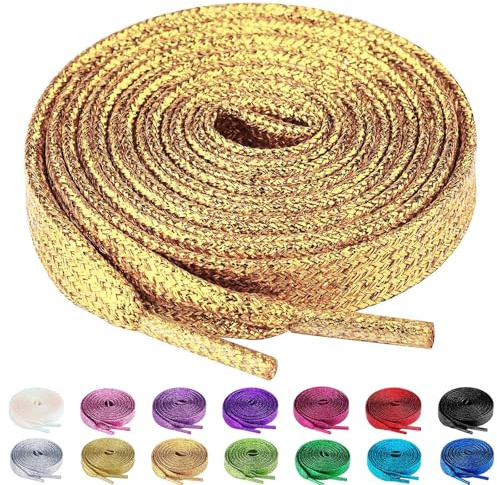 Olukssck 2 Paia Lacci Piatti Glitter Metallici Premium, Stringhe Scarpe Sportive, Lacci per Sneakers Resistenti, Lunghezza 80-100 - 120-140 - 160 cm, Larghezza 10 mm, Oro Scuro, 100cm