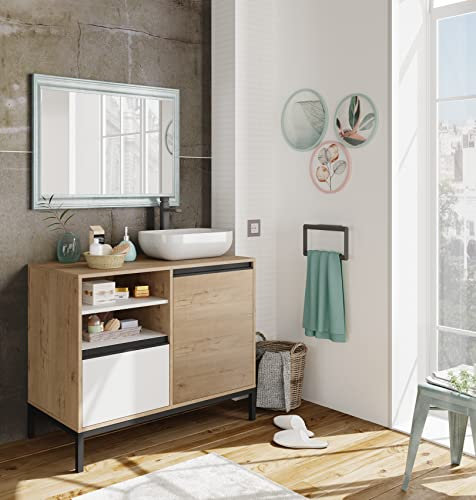 Muebles Pitarch | Mobile da bagno industriale con struttura a piedi, 2 ripiani, cassetto e porta, Bianco, Rovere Gold e Nero, per lavabo da appoggio, 100cm, stile Moderno, modello Tamesis