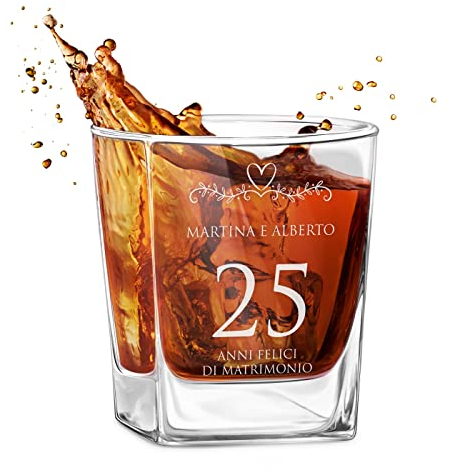 Maverton bicchiere da Whisky in vetro - incisione personalizzata - 250 ml - ideale per bourbon drink e per acqua - pensiero anniversario per coppia - bicchiere personalizzato - anni felici