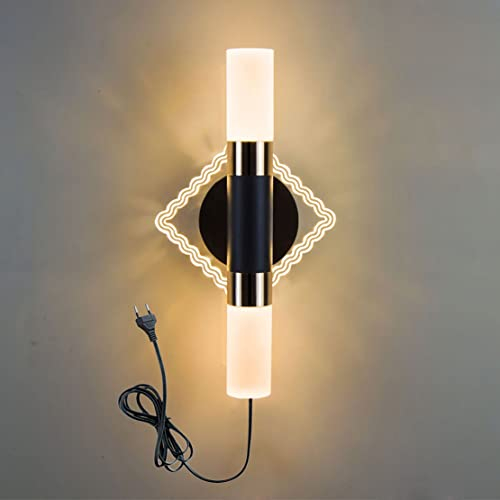 WRMING 7W LED Wandleuchte mit Schalter und Stecker Schwarz Innen Wandlampe mit Kabel für Steckdose Schlafzimmer Warmweiß Wandbeleuchtung Modern Design Treppenlicht, 560lm