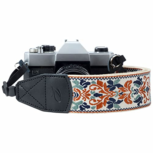 Correa de cámara – 2 pulgadas retro jacquard bordado multipatrón correas de cámara ajustables, correa ancha para el cuello/hombro con cabeza de cuero genuino para todas las cámaras digitales DSLR/SLR