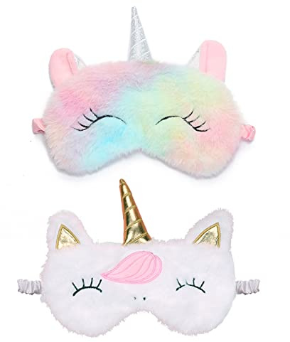 VEGCOO Lot de 2 Masques de Sommeil pour Enfants et Adultes - Animaux en Peluche 3D Moelleux - Masque de Nuit pour Voyage - Licorne