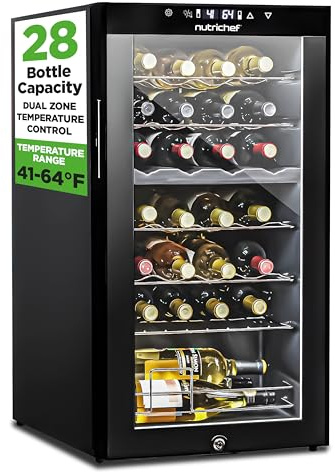 Nutrichef 28 Bottle Wine Fridge | Dual Zone Adjustable Temperature Control 41°F to 64°F | Ultra Quiet Operation | Cooler For Home, & Office | Free-Standing 33x16x17 IN (Black)