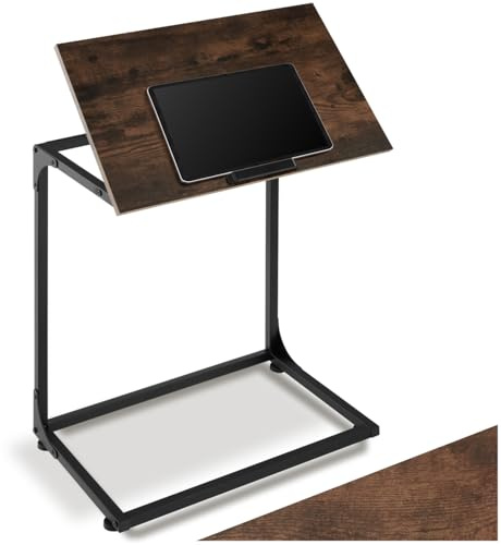 tectake® Industrial Beistelltisch Couch C-Form, 55 x 35 x 66,5 cm Laptoptisch mit neigbarer Tischplatte, Nachttisch, Beistelltisch Holz + Metall, Wohnzimmer Möbel (Industrial Dunkelbraun)