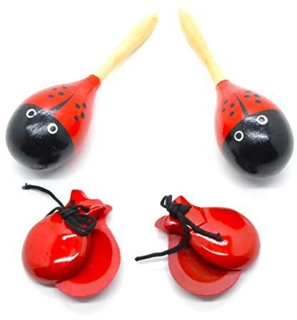 mariquita roja Maracas y castañuelas adultos rojo y negro, conjunto musical completo de España, Rojo Color de Lunares, Colores Tradicionales españoles, Agitadores de Rumba Traqueteo Percusión de Mano