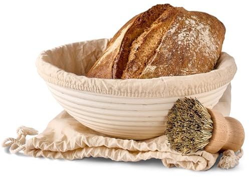 Praknu Cestino per Lievitazione del Pane - Rotondo - In Rattan Sostenibile - 25 cm - Kit con Spazzola, Fodera di Lino & Sacchetto per il Pane