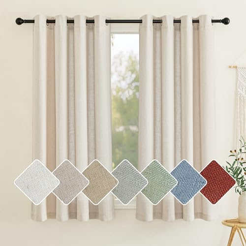 PONY DANCE Wohnzimmer Gardinen Kurz Leinenvorhänge mit Ösen 2er Set H 137 x B 140 cm, Leinen Gardinen Natur Halbtransparent Boho Vorhänge für Küche/Badezimmer Kleine Fenster