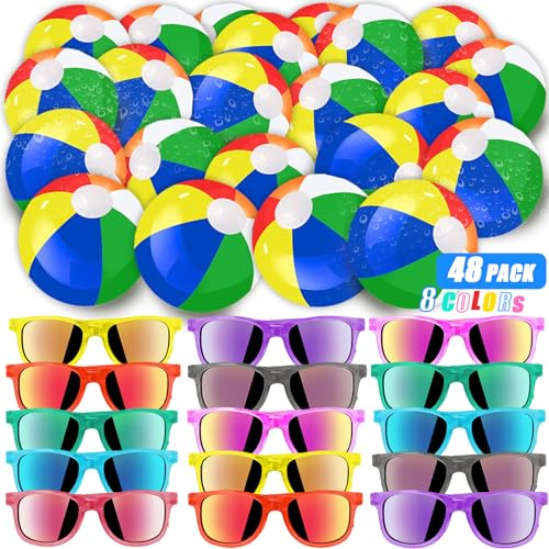 48 Pieces Summer Clean Glasses Beach Balls Bulk Party Favors for Kids 24Pack Neon Glasses 24Pack Beach Balls Boys Girls Graduation Party Supplies for Beach Day Pool Party Favors Goodie Bag Favors