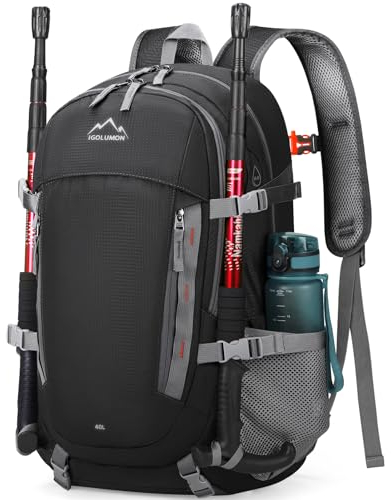 IGOLUMON Wanderrucksack Herren Damen 40L Rucksack Wasserdichter Groß Reiserucksack Leicht Faltbarer Trekkingrucksack mit Reflexstreifen Outdoor-Sportrucksack Für Bergsteigen Radfahren Reisen Schwarz