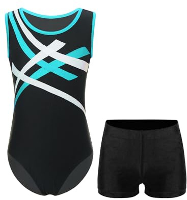 CHICTRY Kids Boys 2 Piece Gymnastics Leotard Outfits Ballet Dance Biketard and Athletic Shorts Set Figure Skating Bodysuit Cyan&Black 7-8 Years