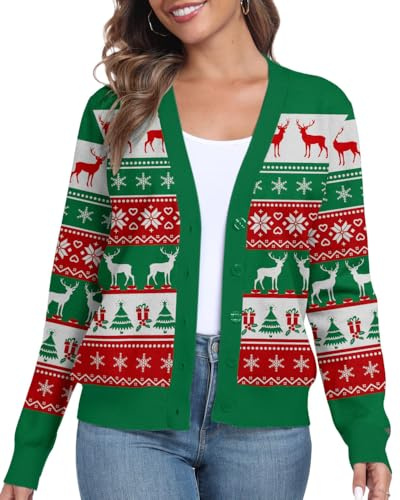 PrinStory Cardigan da donna aperto davanti lavorato a maglia a maniche lunghe maglione casual con bottoni donna a maniche lunghe cardigan, Natale verde, M