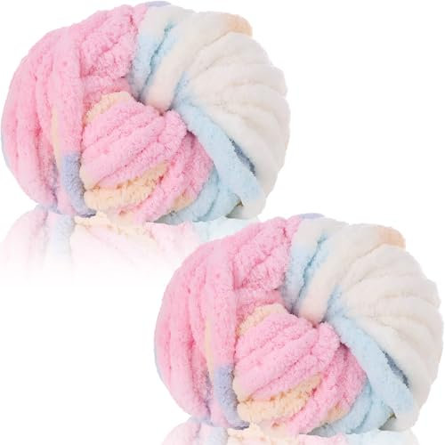 Duscdesp 2 Pack 240g Super Chunky Yarn for Hand Knitting,Thick Wool Yarn,Chenille Chunky Blanket Yarn for Hats Scarf Blankets Cushion Cat Bed(Colored Marshmallow)