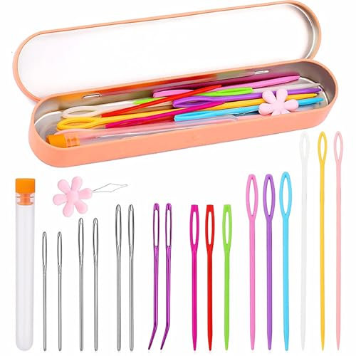 Barlone 18 Stück Garnnadel-Set, Stopfnadel Nähnadeln Mit Großem Öhr, Gebogene Nähnadel, Wollnadel zum Vernähen, Häkelgarnnadel-Zubehör Mit Aufbewahrungsbox Nadeleinfädler zum Basteln Stricken Häkeln