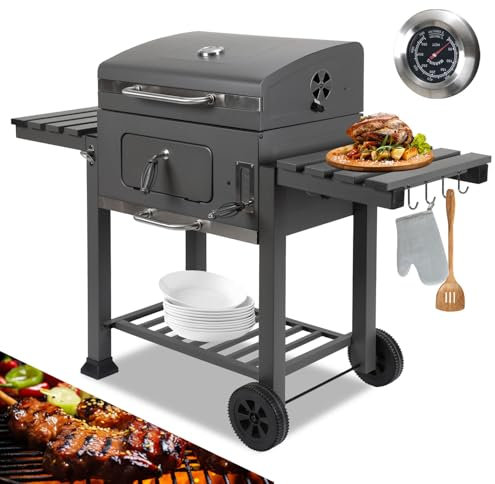 Jiubiaz Barbacoa XL de carbón vegetal con tapa + ruedas, incluye termómetro, chimenea, doble suelo plegable, 8 ganchos y parrilla, ahumador para barbacoa de camping y jardín, barbacoa de carbón gris